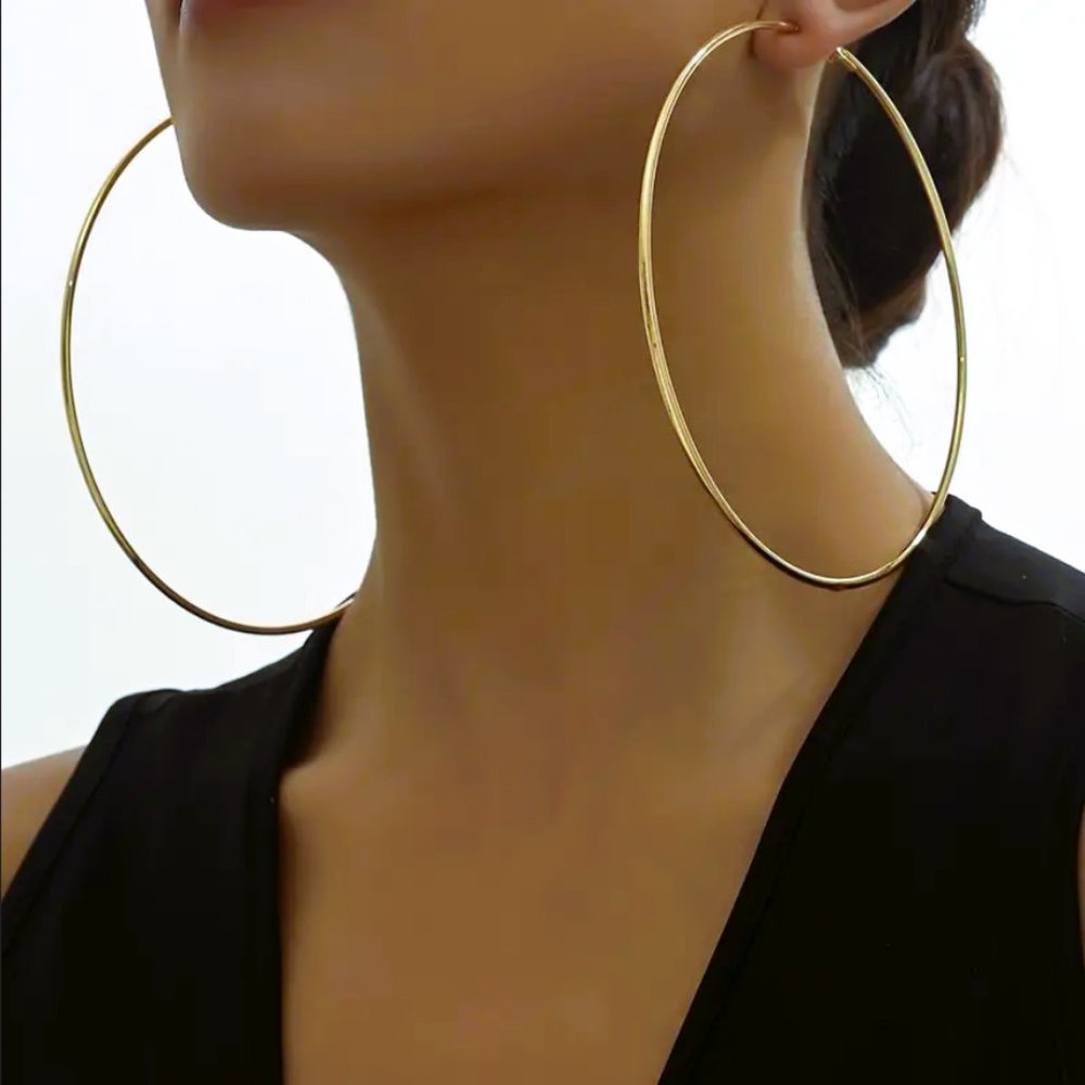 18K Gold Large Wire Hoop Womens Earrings Big Hoops Ladies Statement Jewelry 18 K - Picture 5 of 5